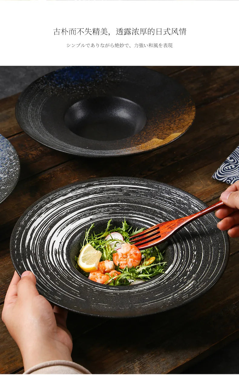 Italian Straw Hat Plate Commercial Italian Noodle Western Salad Plate Japanese Vintage Ceramic Plate UFO Round Deep Soup