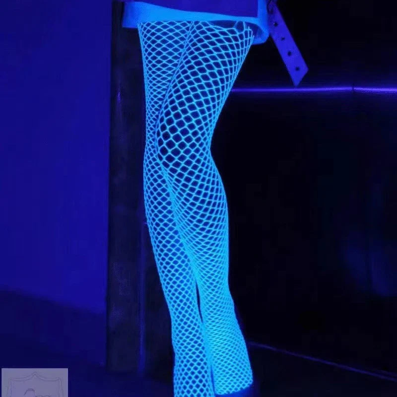 New Night Fluorescent Women's Long Socks Fishnet Body Stockings Curve Lingerie Mesh Fabric High Waist Sex Tights Sexy Bodysuits