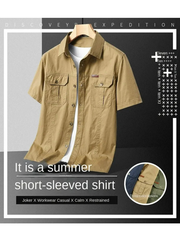 Summer Short Sleeve Shirt Men 100 Cotton Refreshing Breathable Sweat Absorbing Shirt Climbing Work Clothes Pocket Fishing Shirt