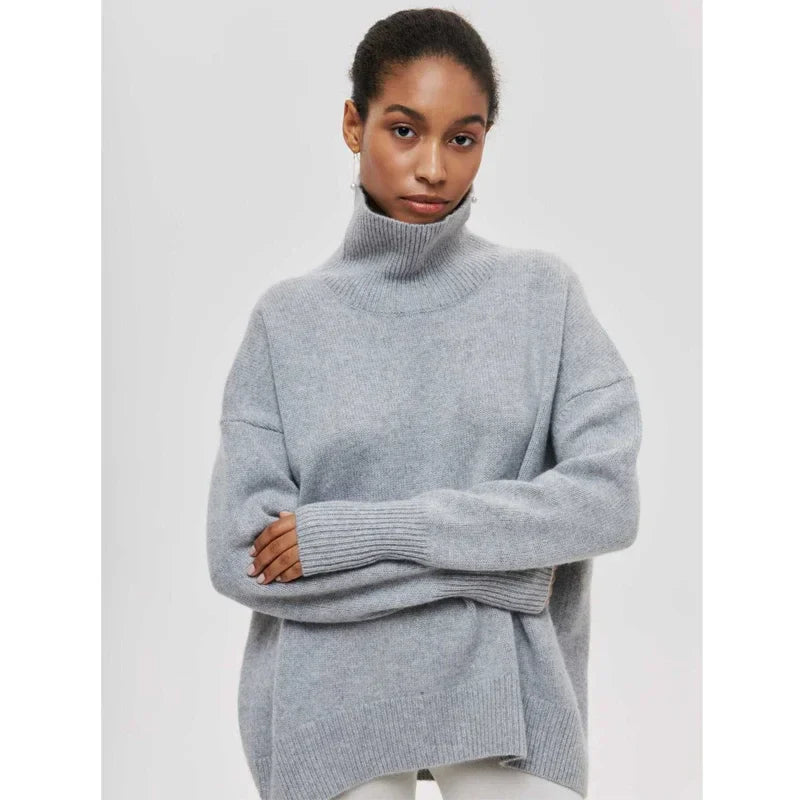 Original Light Luxury O-neck Knit Sweater Autumn and Winter Women's Elegant Loose Mock Neck Solid Color Warm Outerwear Sweater