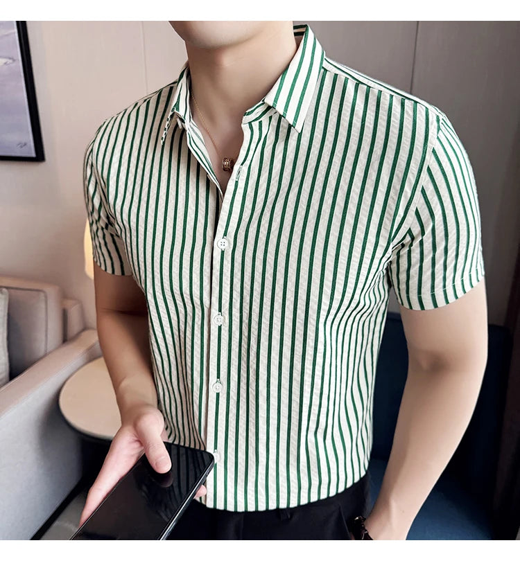 Men Striped Shirt 2026 Summer Light and Thin Breathable Sweat Absorbing Short Sleeved Slim Fit Casual Pleated Shirt Men Clothing
