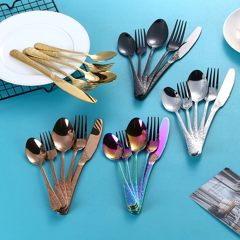High Quality Cutlery Set Handle Exquisite carving Stainless Steel Golden Tableware Knife Fork Spoon Flatware Set Silverware Set