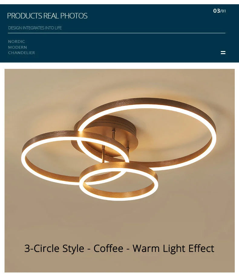 Household Gold Led Chandeliers 3 Circle Bedroom Metal Living Dining Room Lighting Chandelier Brown Glossy Lamp Home Indoor Lamps