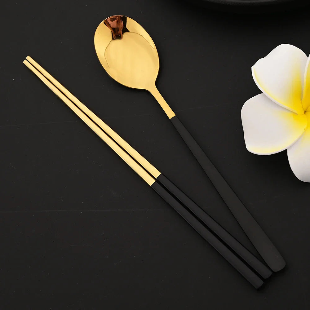 304 Stainless Steel Cutlery Set Sushi Sticks Dinner Spoons Set 10Pcs Dinnerware Korean Chopsticks Dessert Spoon Flatware Set