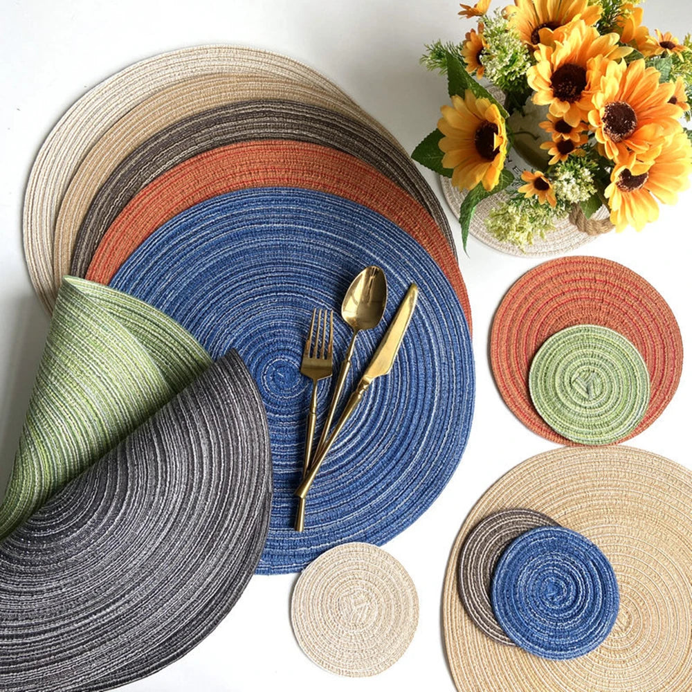4pcs Round Table Mat Woven Ramie Placemats Anti Slip Dining Table Mats Non-Slip Tableware Bowl Pads Kitchen Drink Cup Coasters