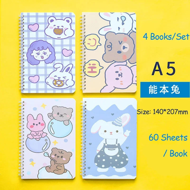 4 Books/Set A5 Coil Lined Notebook High Quality Kawaii Korean Stationery Cute School Supplies for Students