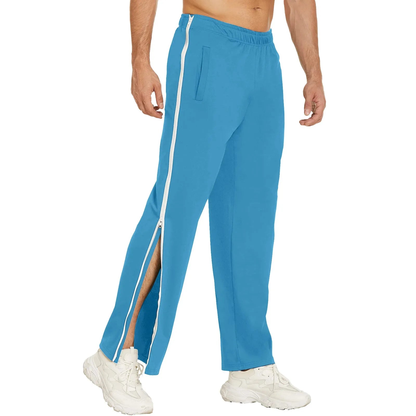 Men Sweatpants Elastic Waistband Pockets Splicing Color Mid-Rise Long Trousers Wide Leg Side Zipper Tear Away Basketball Pants