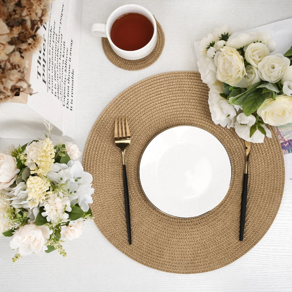 Set of 6 Round Braided Placemats 34CM Table Mats for Dining Tables Christmas Halloween Woven Washable Non-Slip Place mats