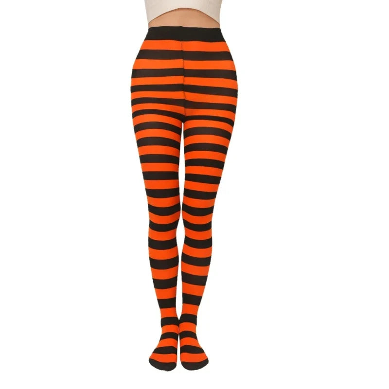 Q0KE Breathable Skinny Leggings Soft Striped Long Tights Casual High Waist Elastic Leggings Women Horizontal Striped Tights