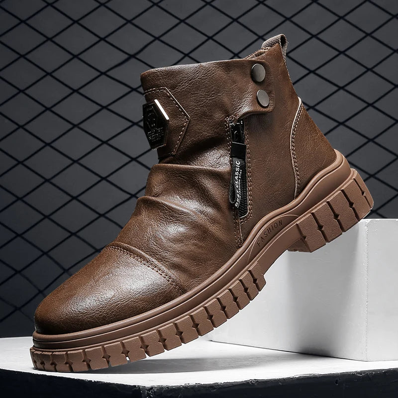 Fashion Mens Ankle Boots British Style High Top Casual Shoes Outdoor Walking Shoes Non-slip Work Boots Comfortable Leather Boots