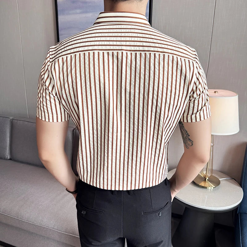 Men Striped Shirt 2026 Summer Light and Thin Breathable Sweat Absorbing Short Sleeved Slim Fit Casual Pleated Shirt Men Clothing