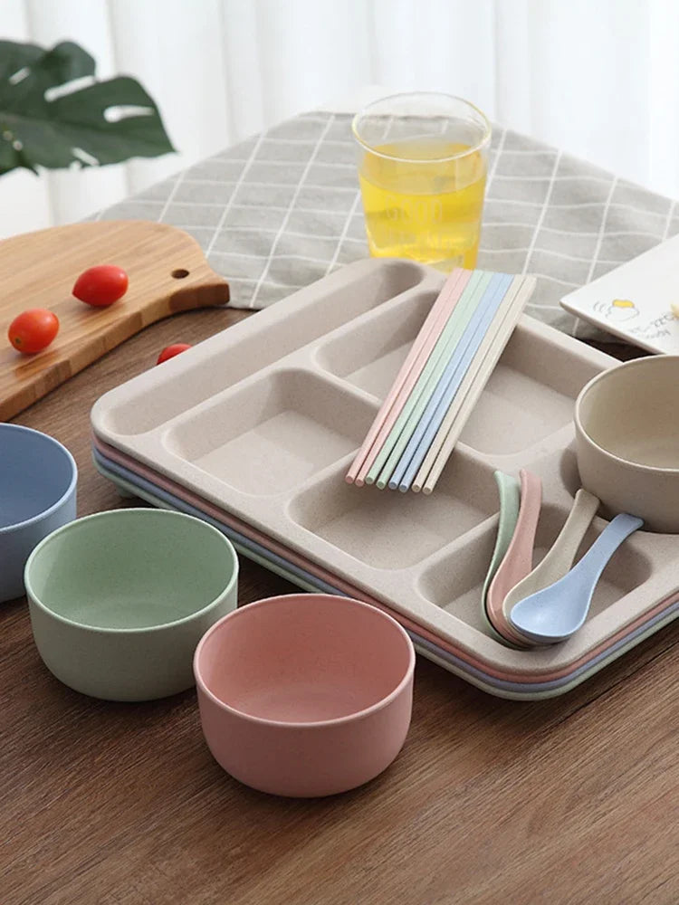 1Set Student Meal Plate Fast Food Bowls Anti-fall Household Meal Plate Separation Plate Bowl Cup Set Dinner Set Service Assiette