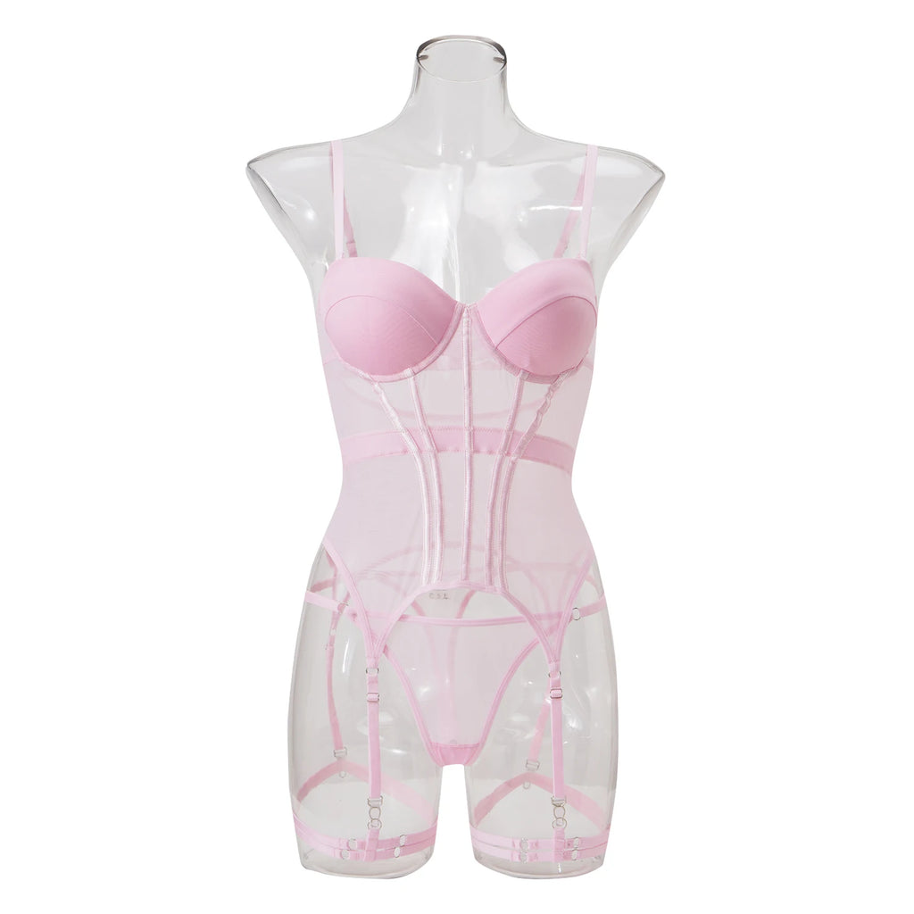 MUZISKAT Mesh  Lingerie Luxury Brand Bodysuit Backless Tops for Women 3 Piece Lingerie Set with Garter Sexydresses for Women