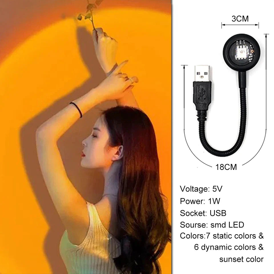 USB Sunset Projection Lamp Rainbow Atmosphere Night Light Sunset Light for Photography Selfie Coffee Store Live Wall Decoration