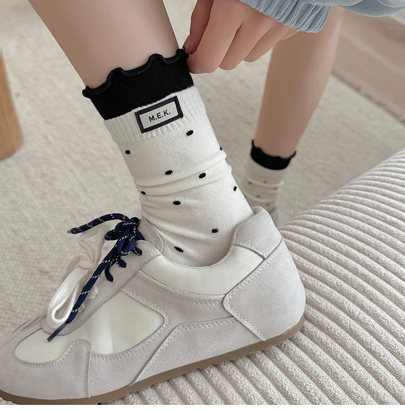 Socks For Women New Dots Cute Frilly Casual Fashion Long Socks Breathable Preppy Style Ladies Novelties Socks Cotton Soft Comfy