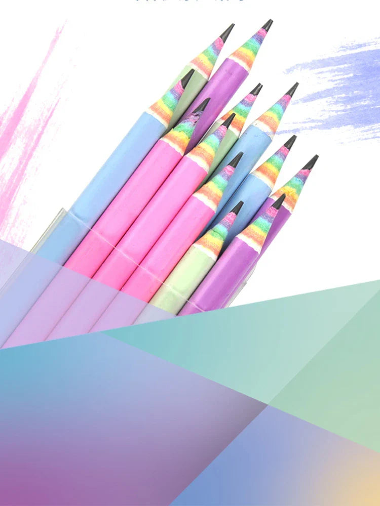 12 Rainbow Paper Pencil Set Children's Writing and Painting HB Professional Art Sketch Comic Pen Office School Supplies