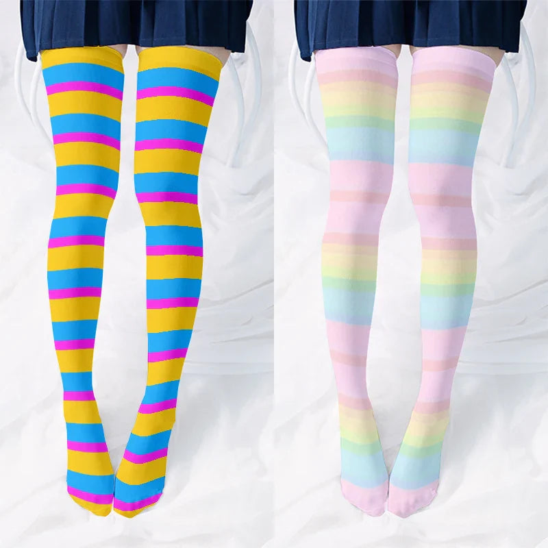 Fun rainbow striped stockings women's sexy fashion multicolor thigh high stockings Harajuku Kawaii girl romantic socks gift