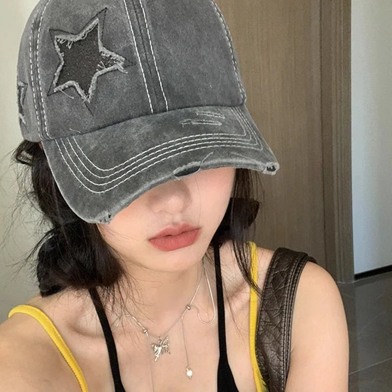 High Ponytail Baseball Cap For Women Snapback Hat Bone Hip Hop Adjustable Distressed Star Dad Hats Casquettes Female
