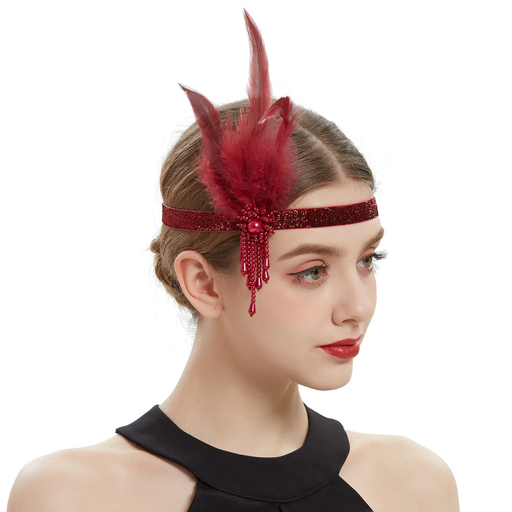 Hair Accessories For Women Girls Black Headband Rhinestone Sequin Vintage Party Headpiece Beaded Flapper Hair Feather Headband