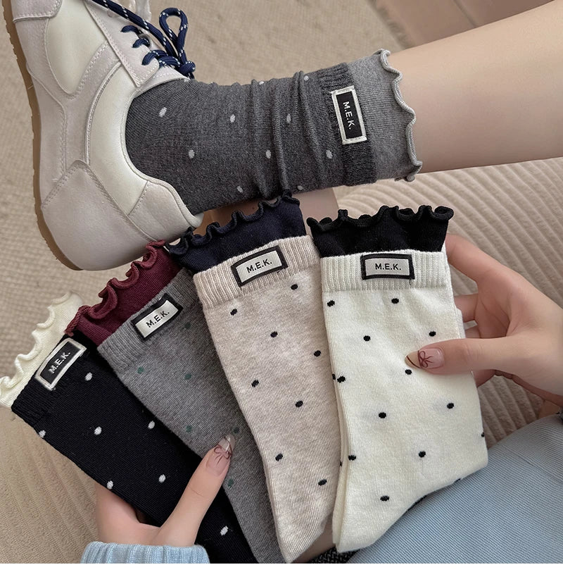 Socks For Women New Dots Cute Frilly Casual Fashion Long Socks Breathable Preppy Style Ladies Novelties Socks Cotton Soft Comfy