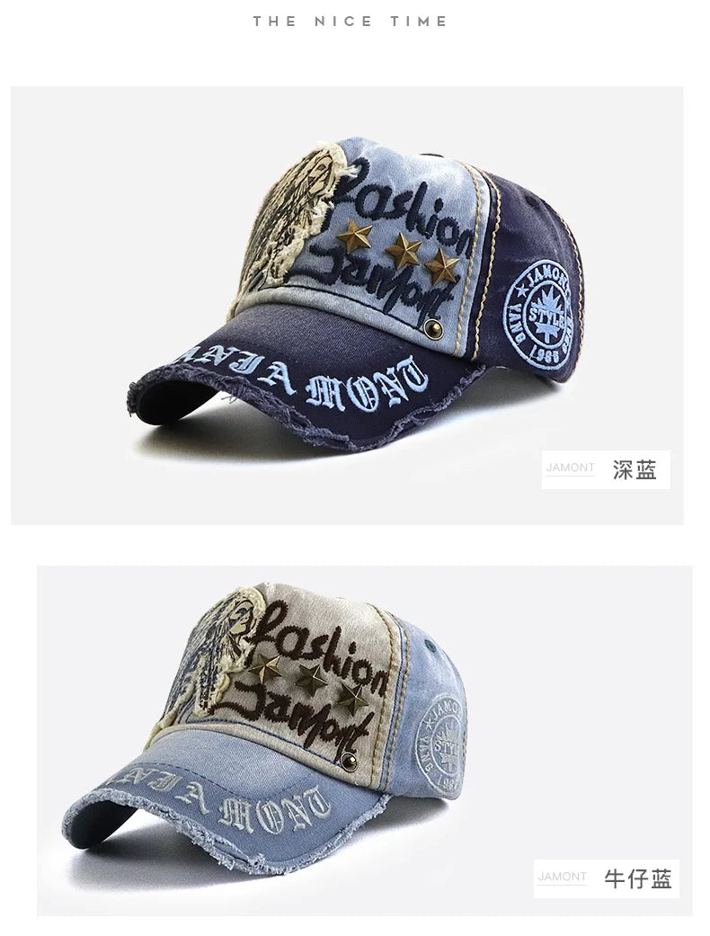 Vintage Washable Cowboy Baseball Cap Embroidery Snapback Hat for Men Women Worn Out Hip Hop Caps Adjustable Solid Cotton Sun Hat