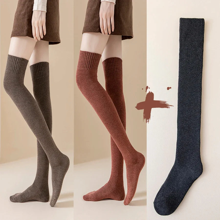 2 Pairs/Lot Winter Warm Thick Stockings Socks Women Over Knee High Hold Up Cotton Sexy Slim Ladies Girls Halloween Gift 6 Colors