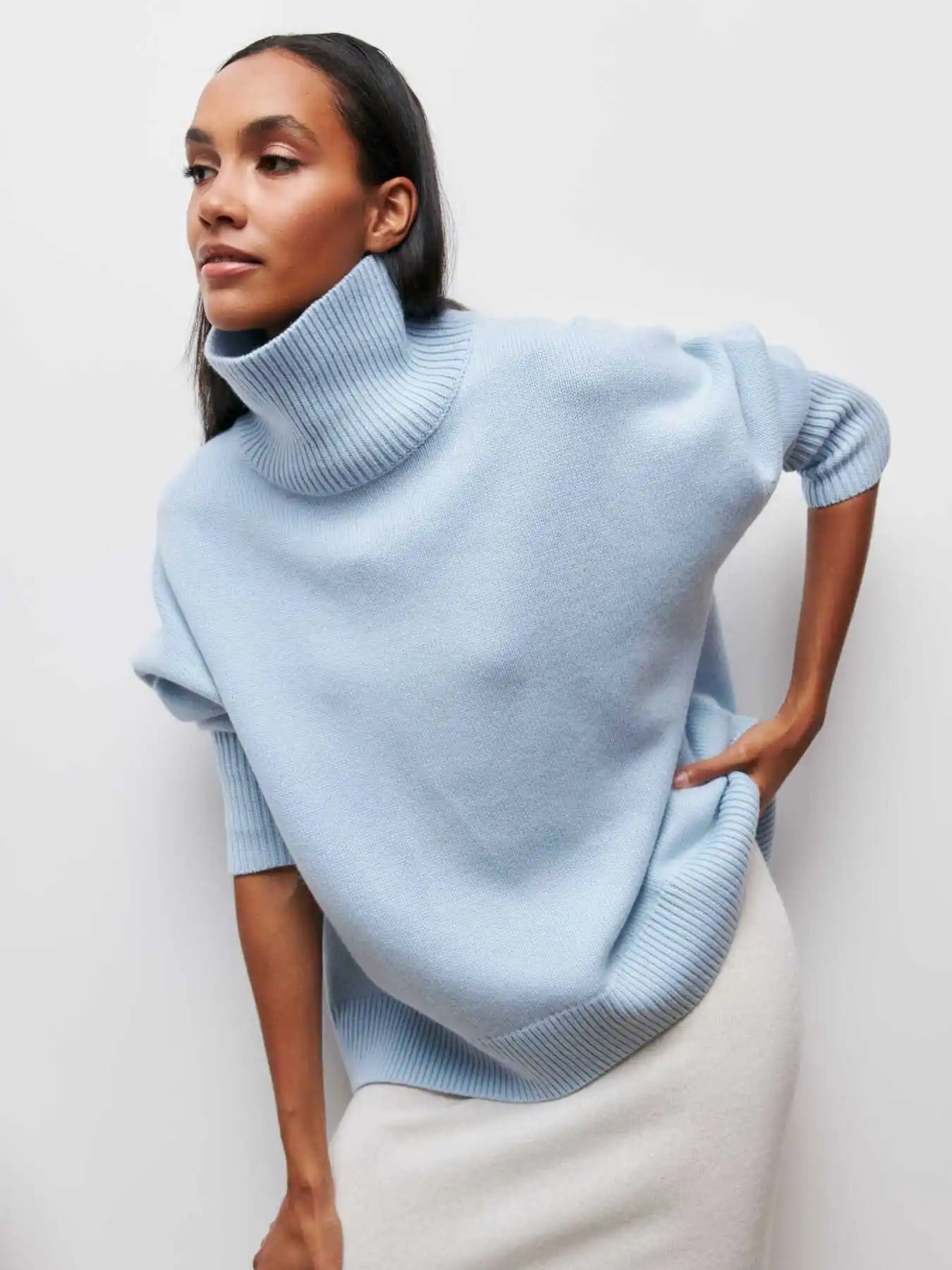 Original Light Luxury O-neck Knit Sweater Autumn and Winter Women's Elegant Loose Mock Neck Solid Color Warm Outerwear Sweater