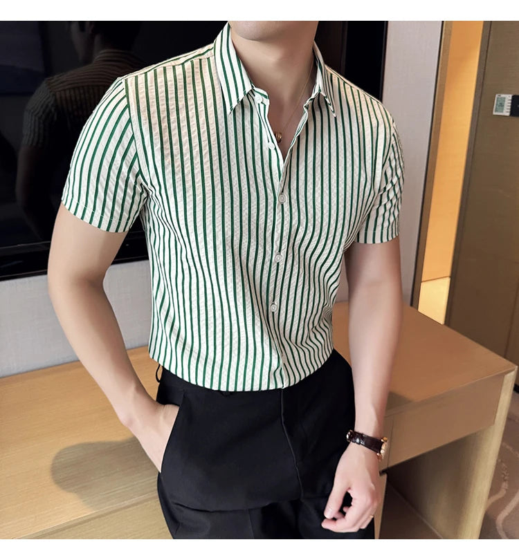 Men Striped Shirt 2026 Summer Light and Thin Breathable Sweat Absorbing Short Sleeved Slim Fit Casual Pleated Shirt Men Clothing