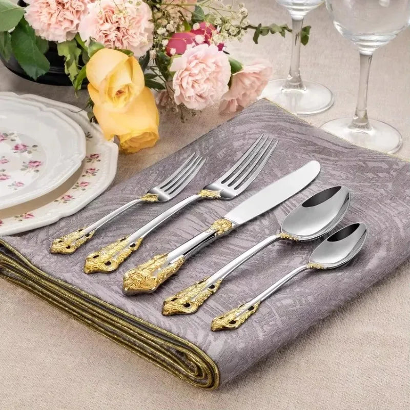24/30pcs Vintage Cutlery Set Luxury Stainless Steel Flatware Set Forks Knive Spoons Tableware Set Kitchen Utensils
