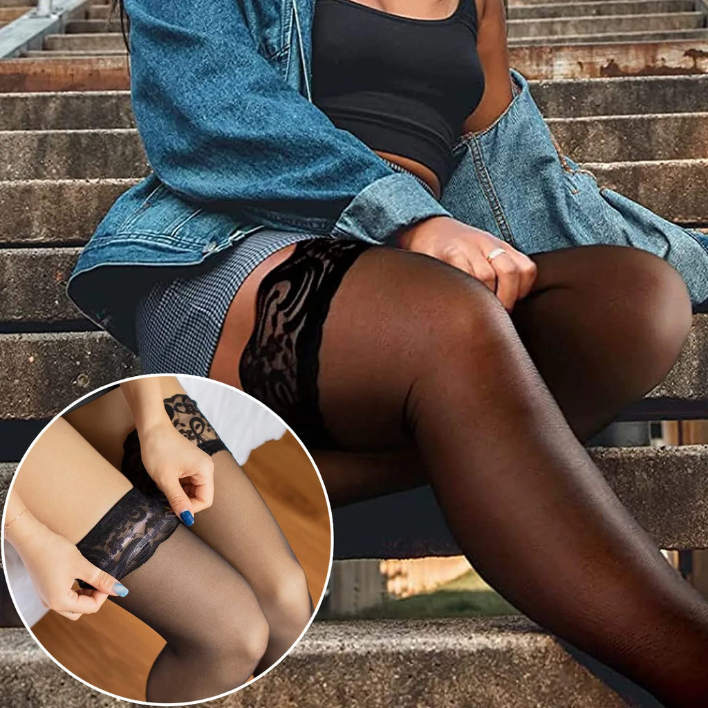 Lace Top Plus Size Knee Thigh High Socks for Women Stockings Sexy Stay Hold Up White Black Pink Red Long Stocking with Anti-slip