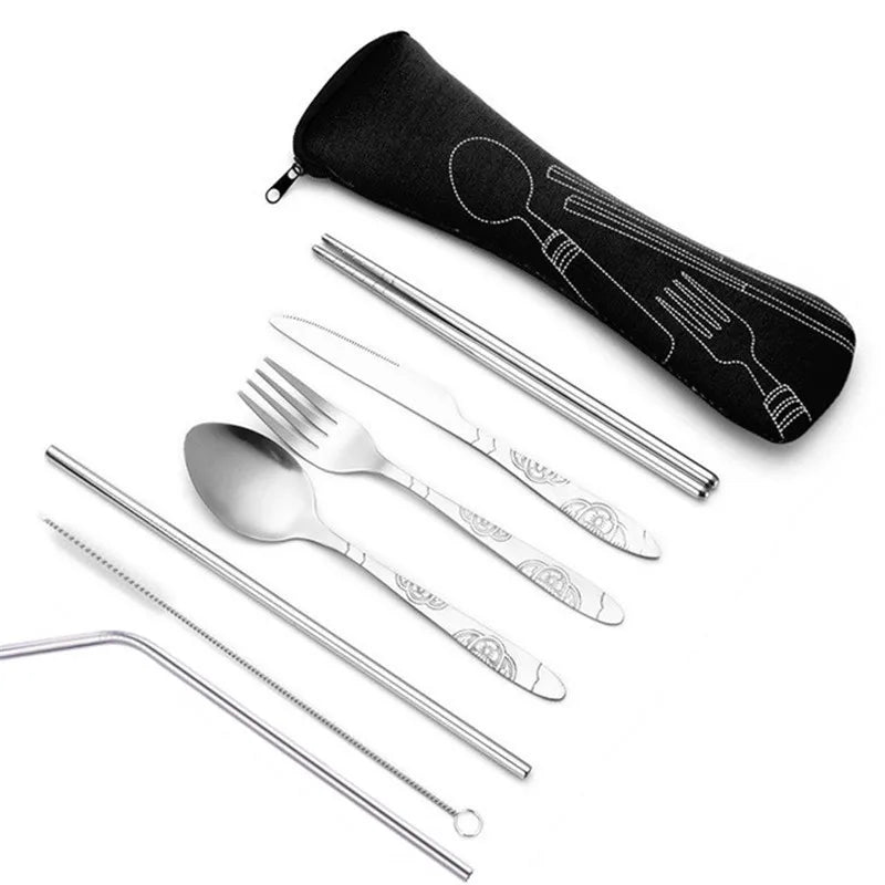 3Pcs/4Pcs/7Pcs Set Dinnerware Portable Printed Knifes Fork Spoon Stainless Steel Family Camping Steak Cutlery Tableware with Bag