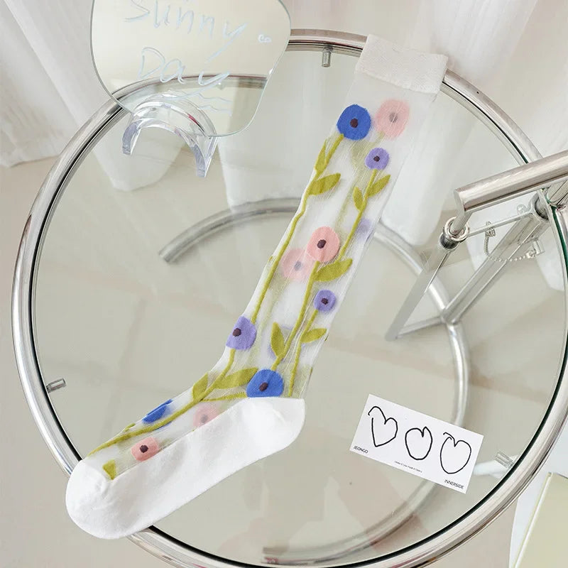Stockings Women Summer Ultra-thin Transparent Nylon Long Socks Floral Print Sexy Lace Mesh Fishnet Stockings Kawaii Knee Socks