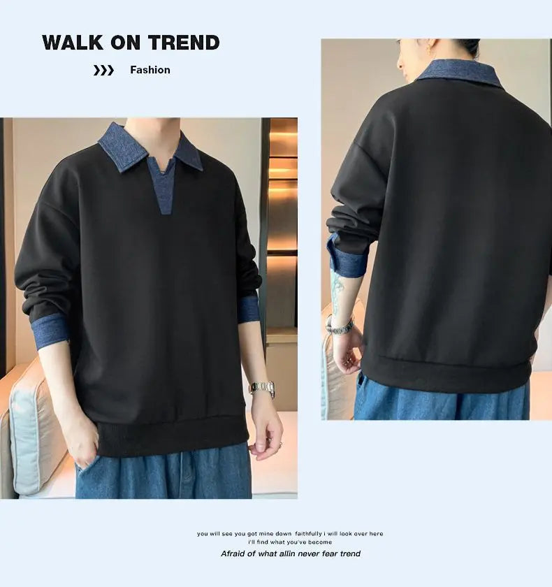Men's Clothing Sweatshirts for Spring Autumn Two Pieces of Trendy Loose New Style Lapels Handsome Casual Long-sleeved Tops