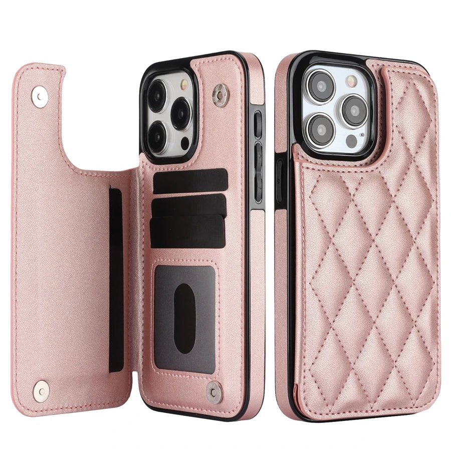 Card Slot Flip Leather Case For iPhone 16e 15 Pro Max 14 13 12 11 SE 3 2 XS XR 8 7 Plus Wallet Double Button Small Fragrant Wind