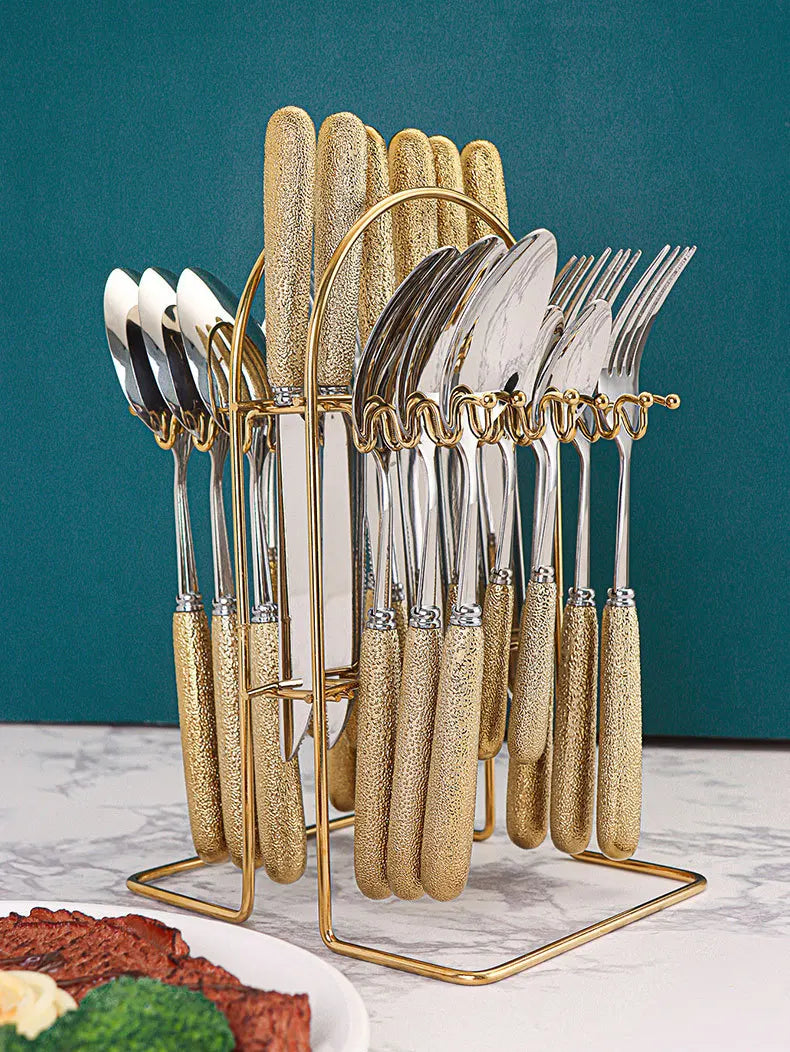 24 Pcs Stainless Steel Cutlery Hammer Pattern Ceramic Handle Knife Fork Spoon Set cutlery set travel cutlery set flatware set