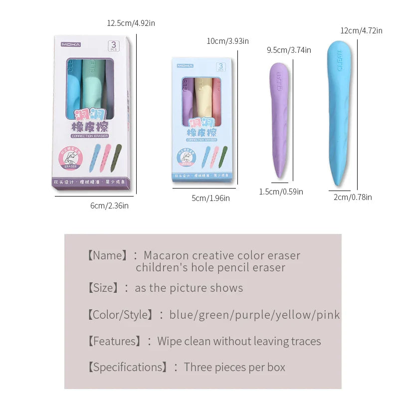 Macaron Color Children Kawaii Pencil-shaped Hole Eraser Creative DIY Student Supplies Stationery