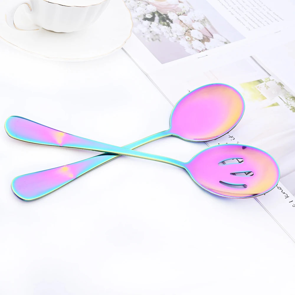 Drmfiy 5/7Pcs Black Cutlery Serving Utensils Dinnerware Set Buffet Catering Flatware Serving Colander Spoons Fork Silverware Set