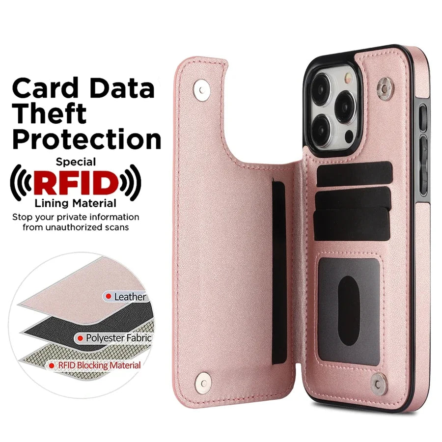 Card Slot Flip Leather Case For iPhone 16e 15 Pro Max 14 13 12 11 SE 3 2 XS XR 8 7 Plus Wallet Double Button Small Fragrant Wind