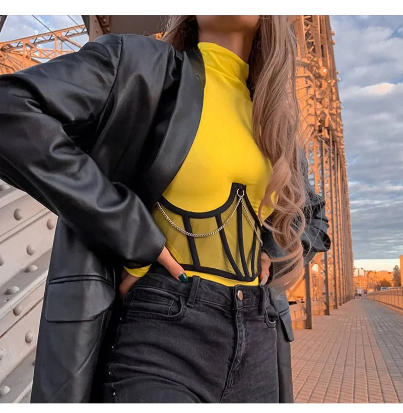 Sexy Corset Underbust Punk Metal Chain Black Women Top Curve Shaper Strap Slimming High Waist Belt Lace Bustiers