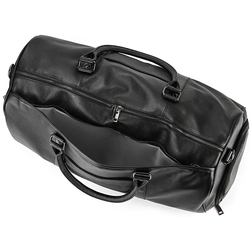 Big Capacity Genuine Leather Travel Bag For Men Women Soft Black Cowhide Casual Travel Duffel Large Luggage Weekend Shoulder Bag