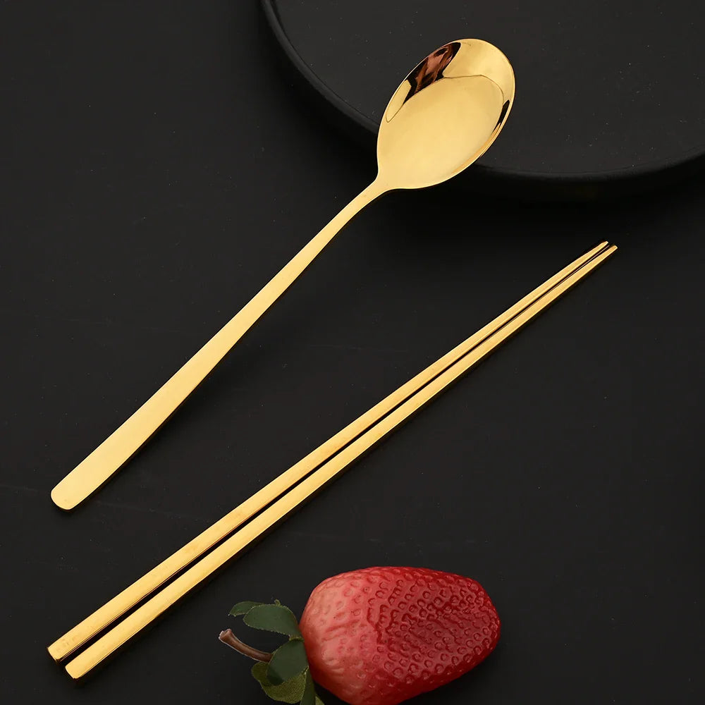 304 Stainless Steel Cutlery Set Sushi Sticks Dinner Spoons Set 10Pcs Dinnerware Korean Chopsticks Dessert Spoon Flatware Set
