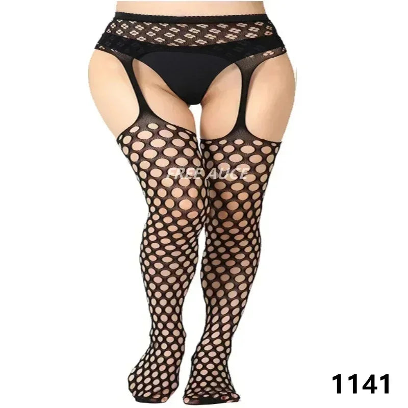 FREEAUCE Women Large Plus Size Stockings with Anti-slip Oversized Lace XXXL Thigh High Sheer Fishnet Black Long Knee Socks