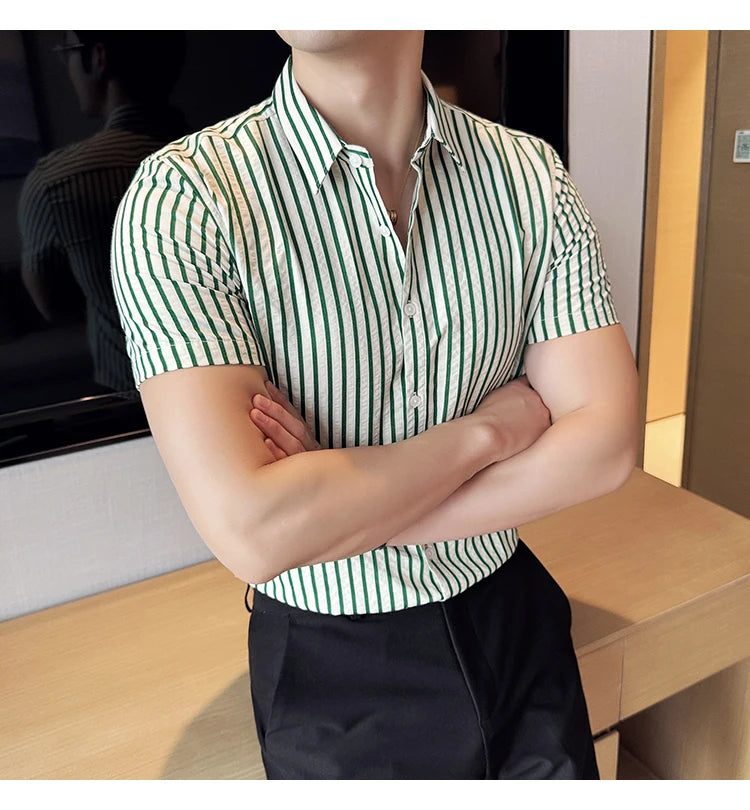 Men Striped Shirt 2026 Summer Light and Thin Breathable Sweat Absorbing Short Sleeved Slim Fit Casual Pleated Shirt Men Clothing