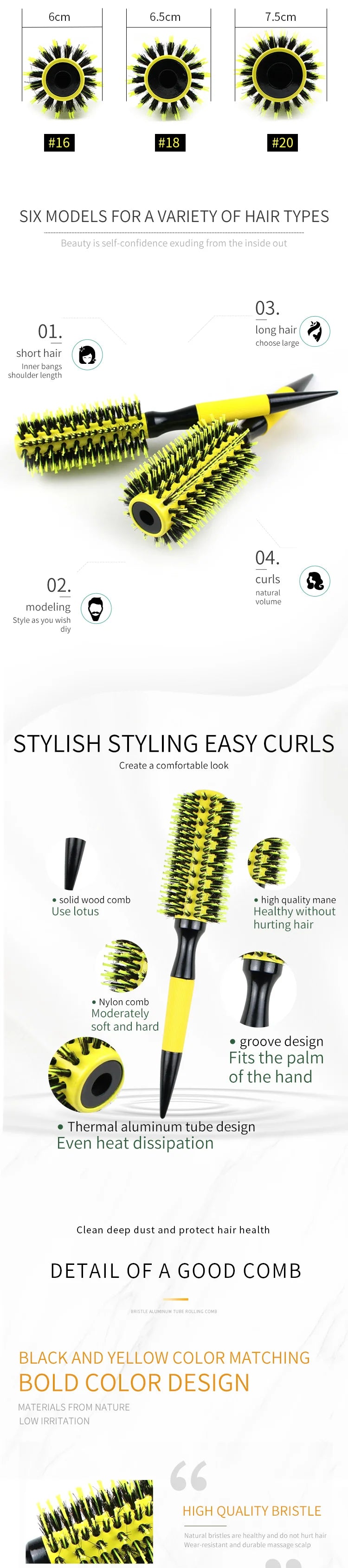 Professional  Round Wooden Hair Brush 6 Sizes Boar Bristle Mix Nylon Salon Women Hair Styling Tools Yellow Brazil Hair Curlerl
