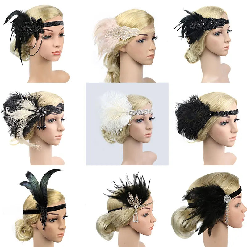 Hair Accessories For Women Girls Black Headband Rhinestone Sequin Vintage Party Headpiece Beaded Flapper Hair Feather Headband
