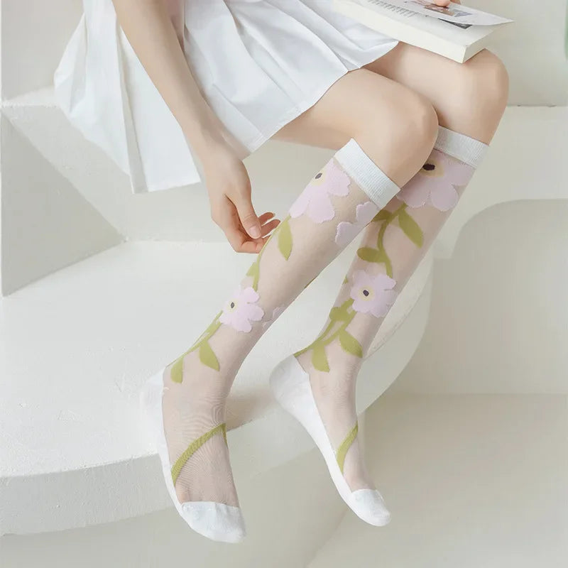 Stockings Women Summer Ultra-thin Transparent Nylon Long Socks Floral Print Sexy Lace Mesh Fishnet Stockings Kawaii Knee Socks