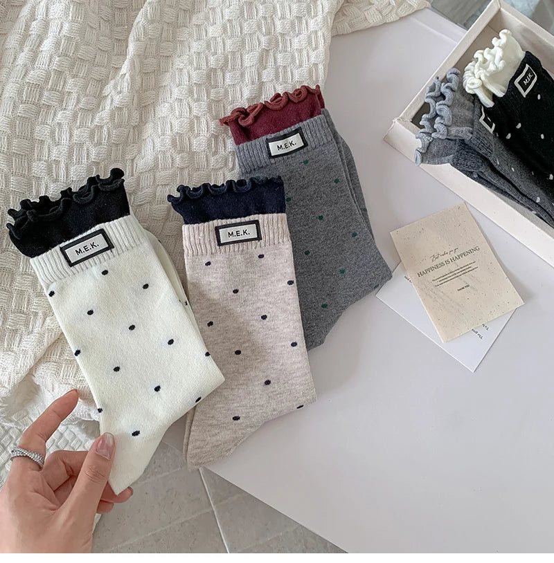 Socks For Women New Dots Cute Frilly Casual Fashion Long Socks Breathable Preppy Style Ladies Novelties Socks Cotton Soft Comfy
