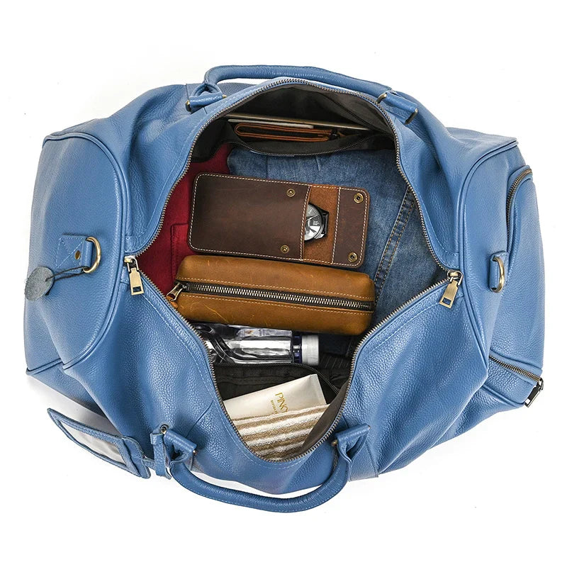 Big Capacity Genuine Leather Travel Bag For Men Women Soft Black Cowhide Casual Travel Duffel Large Luggage Weekend Shoulder Bag
