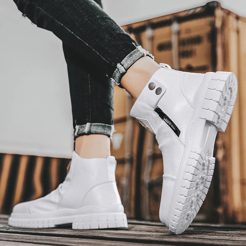 Fashion Mens Ankle Boots British Style High Top Casual Shoes Outdoor Walking Shoes Non-slip Work Boots Comfortable Leather Boots