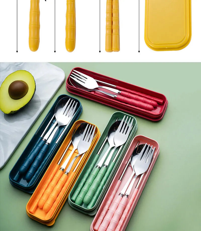 3pcs Portable Dinnerware Kit Spoon Fork Chopstick Set Travel Flatware With Box Set Stainless Steel Travelling Dinnerware Set